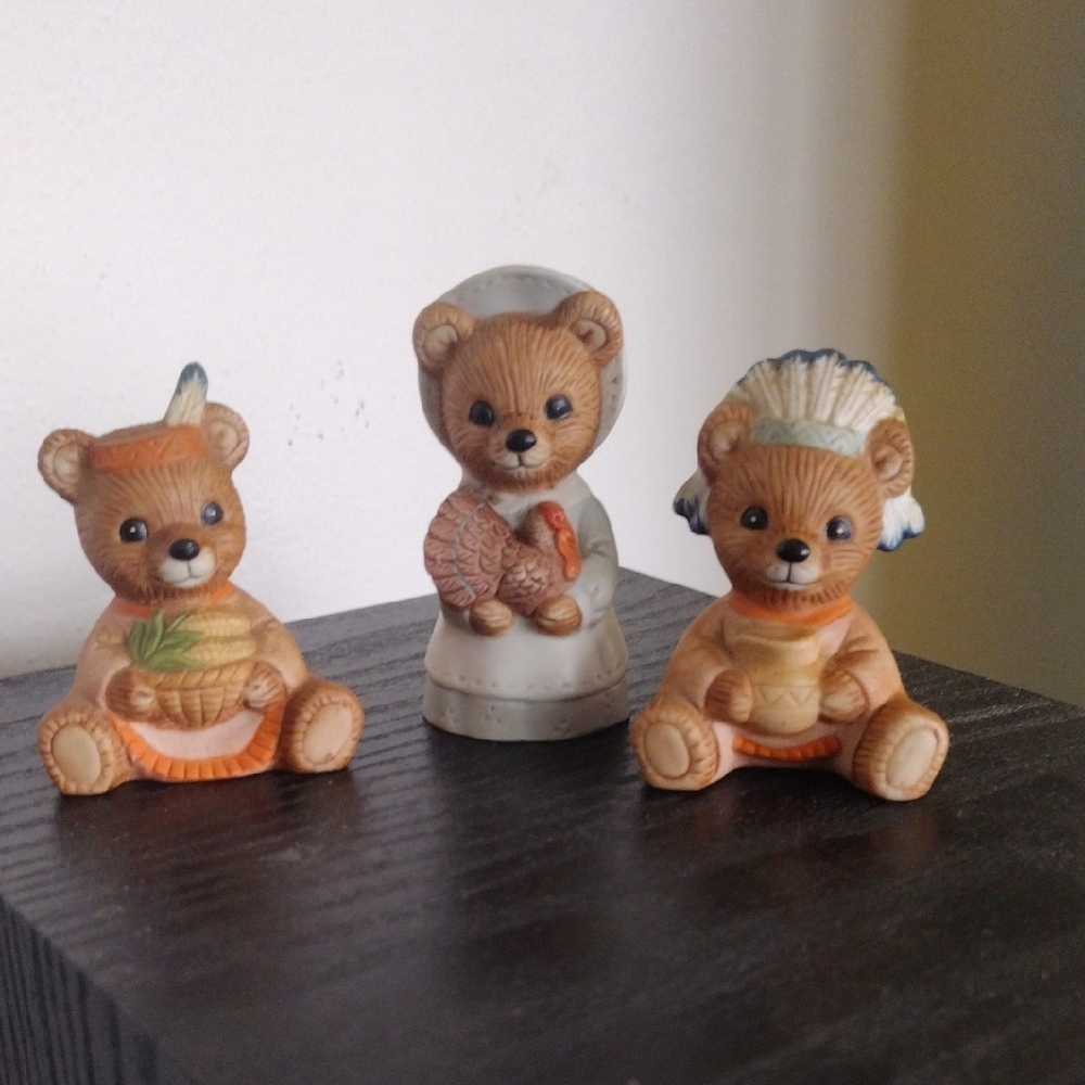 Vintage Homco Thanksgiving Bear Figurines Set of 3 - Indians, Pilgrim, Turkey